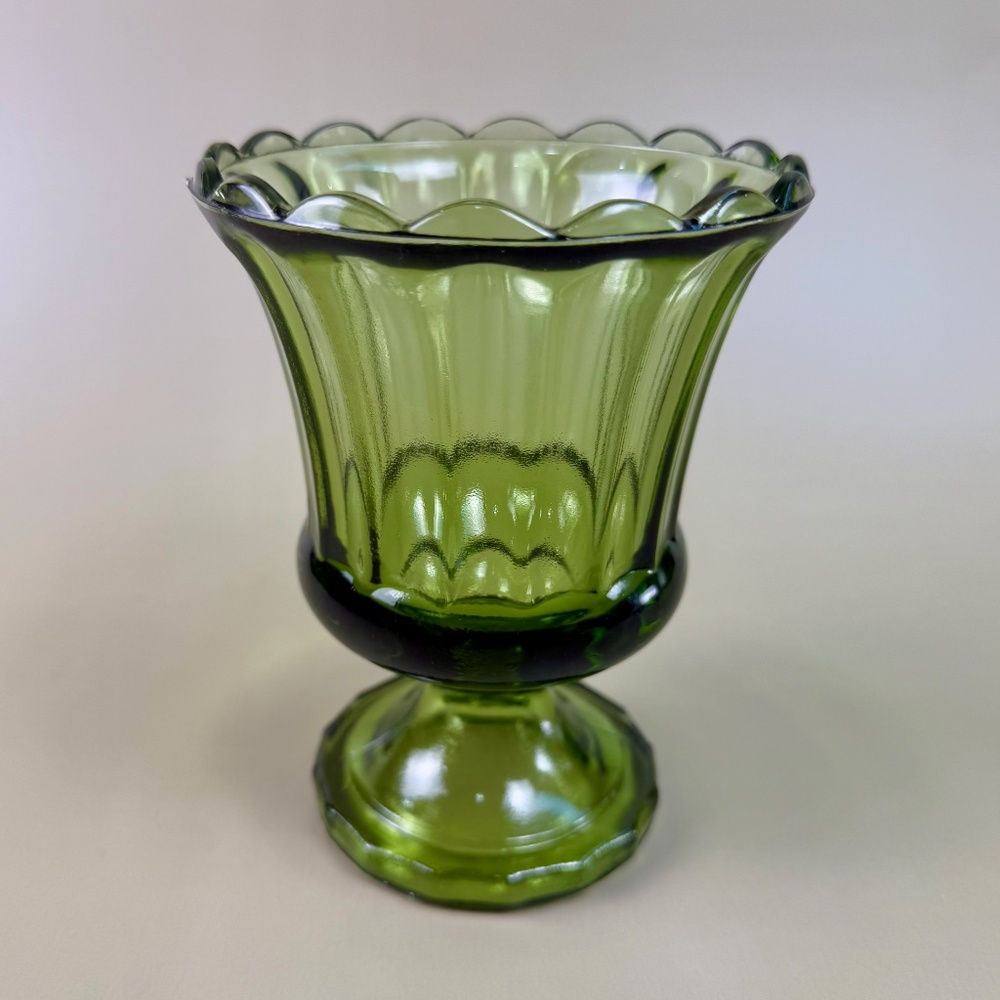 Vintage Avocado Green Pedestal Vase | Fluted Pressed Glass | Lenox Style - Picture 5 of 11